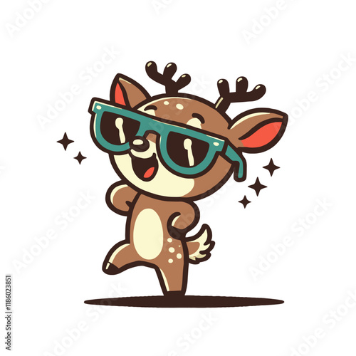 Cartoon deer wearing sunglasses, walking confidently and smiling with a playful attitude. Perfect illustration for fun and creative designs. Isolated vector illustration