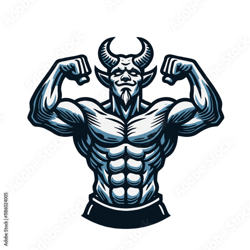 Blue-toned devil flexing arms, showing off muscular build and strength. A bold and dynamic fitness character design for creative branding and projects. Isolated vector illustration