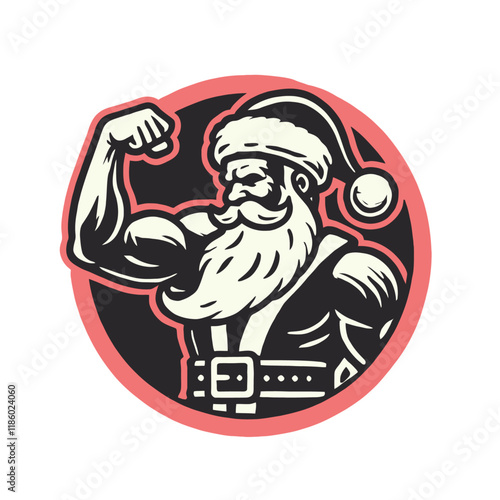 Muscular Santa Claus flexing his arm in a bold and confident pose. A fun and festive character illustration for holiday fitness or creative branding. Isolated vector illustration