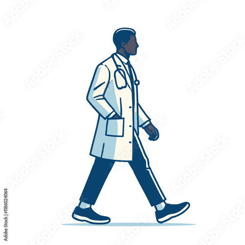 Walking doctor in a lab coat with a stethoscope, showcasing professionalism and care. A clean and modern medical character design for healthcare branding. Isolated vector illustration.