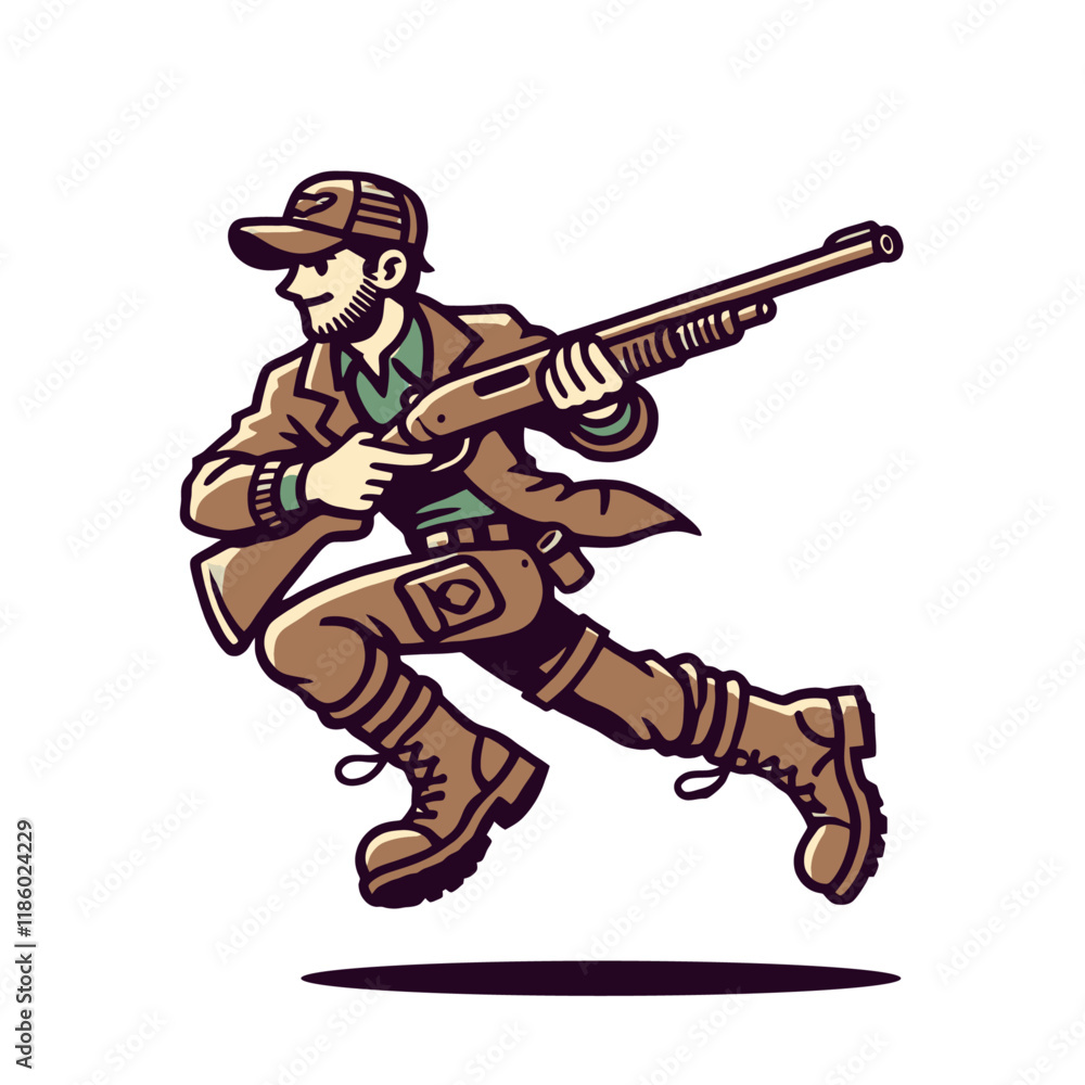 Action-packed hunter jumping with a rifle, ready for adventure. A bold and dynamic character illustration for storytelling, outdoor themes, or creative designs. Isolated vector illustration Action-packed hunter jumping with a rifle, ready for adventure. A bold and dynamic character illustration for storytelling, outdoor themes, or creative designs. Isolated vector illustration