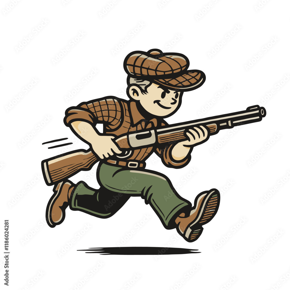 Running hunter in classic attire with a rifle, showcasing energy and a vintage look. A cheerful and adventurous character illustration for creative designs. Isolated vector illustration. Running hunter in classic attire with a rifle, showcasing energy and a vintage look. A cheerful and adventurous character illustration for creative designs. Isolated vector illustration.
