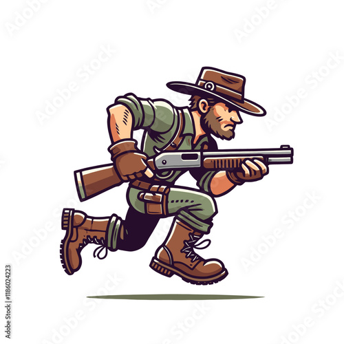 Running cowboy hunter with a rifle, showcasing energy and determination. A bold and dynamic wild west character illustration for creative storytelling. Isolated vector illustration.