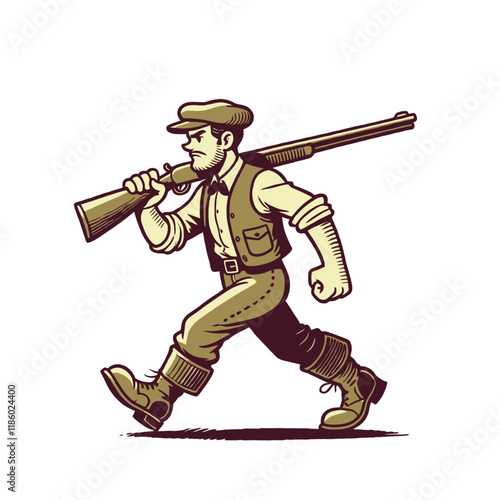 Vintage hunter with a rifle over his shoulder, walking with determination. A bold and detailed character illustration for hunting or adventure designs. Isolated vector illustration photo