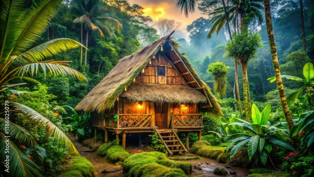 Authentic Waorani hut portrait: Ecuadorian Amazon's indigenous dwelling, a jungle photography masterpiece. Authentic Waorani hut portrait: Ecuadorian Amazon's indigenous dwelling, a jungle photography masterpiece.