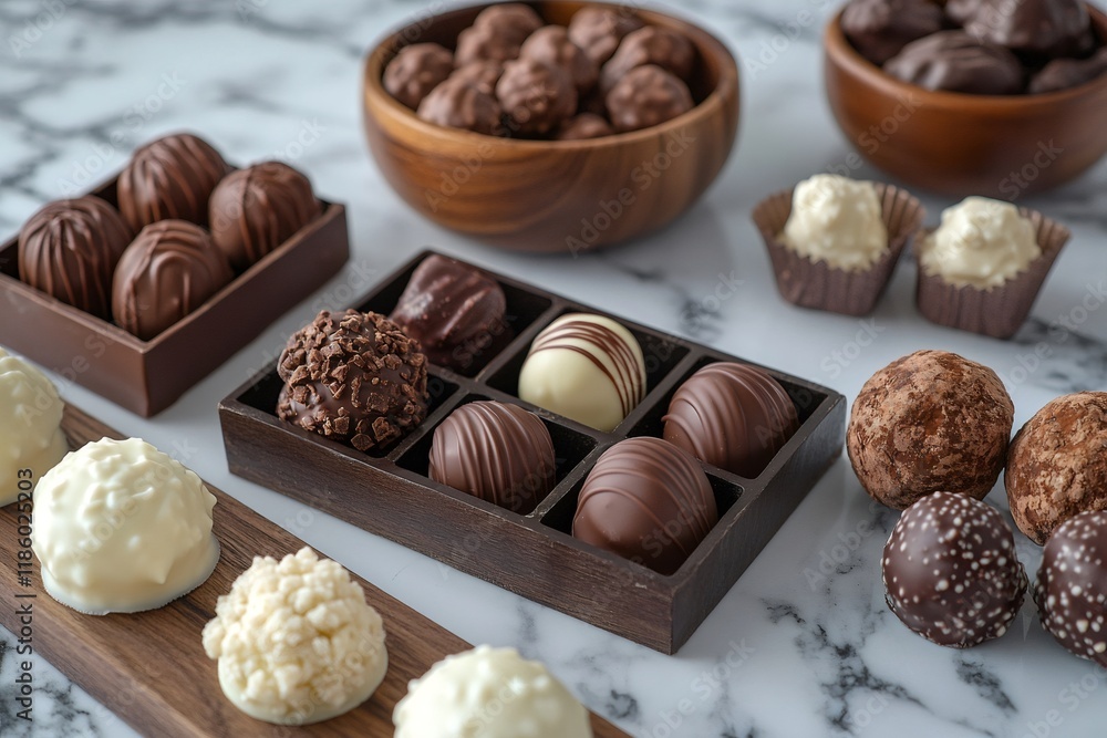 Variety of delicious gourmet chocolates displayed on marble table Variety of delicious gourmet chocolates displayed on marble table