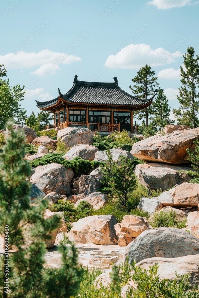 A large stone sits amidst Chinese architectural elements in the Lingering Garden Scenic Area, situated in Suzhou, Jiangsu, China A large stone sits amidst Chinese architectural elements in the Lingering Garden Scenic Area, situated in Suzhou, Jiangsu, China
