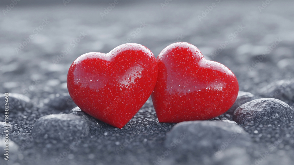 Fototapeta premium Two red heart shapes on gray stones. Love concept. Valentine’s Day card, print, design, banner, poster, for advertising. Close-up view.