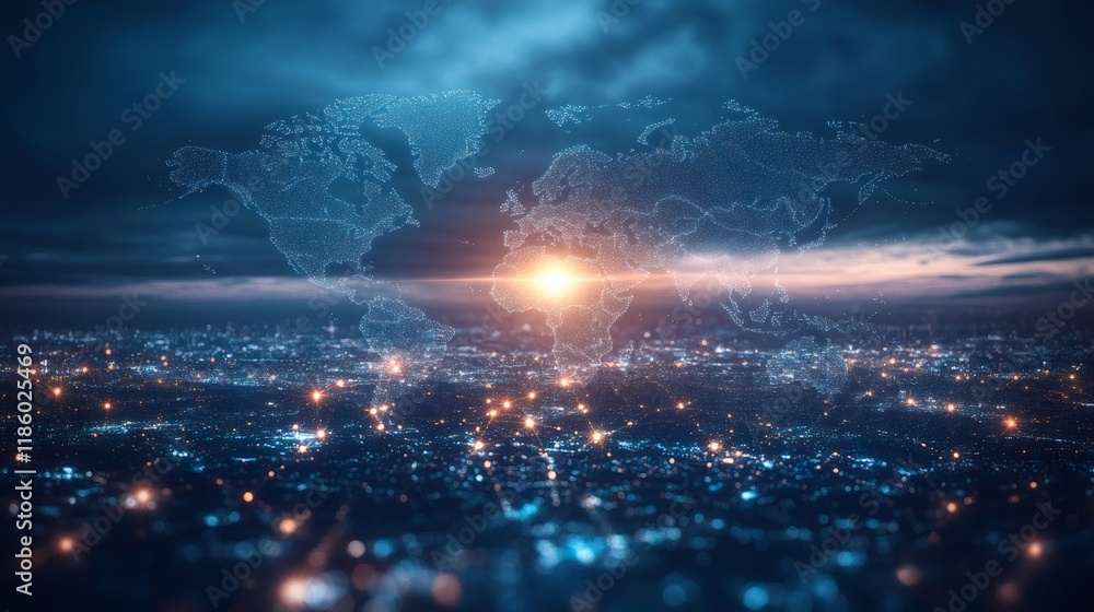 Fototapeta premium World map hologram floating over illuminated city at night symbolizing global communication