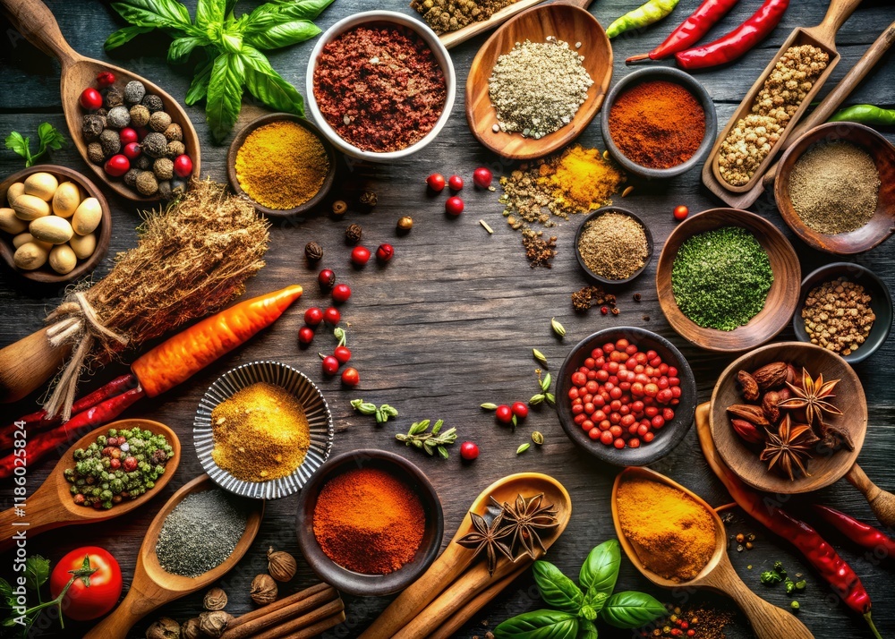 A vibrant rainbow of spices and herbs, a colorful culinary backdrop for photography. A vibrant rainbow of spices and herbs, a colorful culinary backdrop for photography.