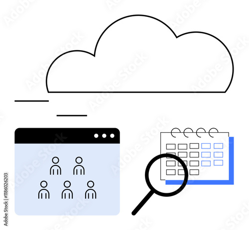 Cloud connected to a user interface with avatars, calendar schedule, and magnifying glass. Ideal for teamwork, productivity, online tools, planning, organization, search abstract line flat metaphor