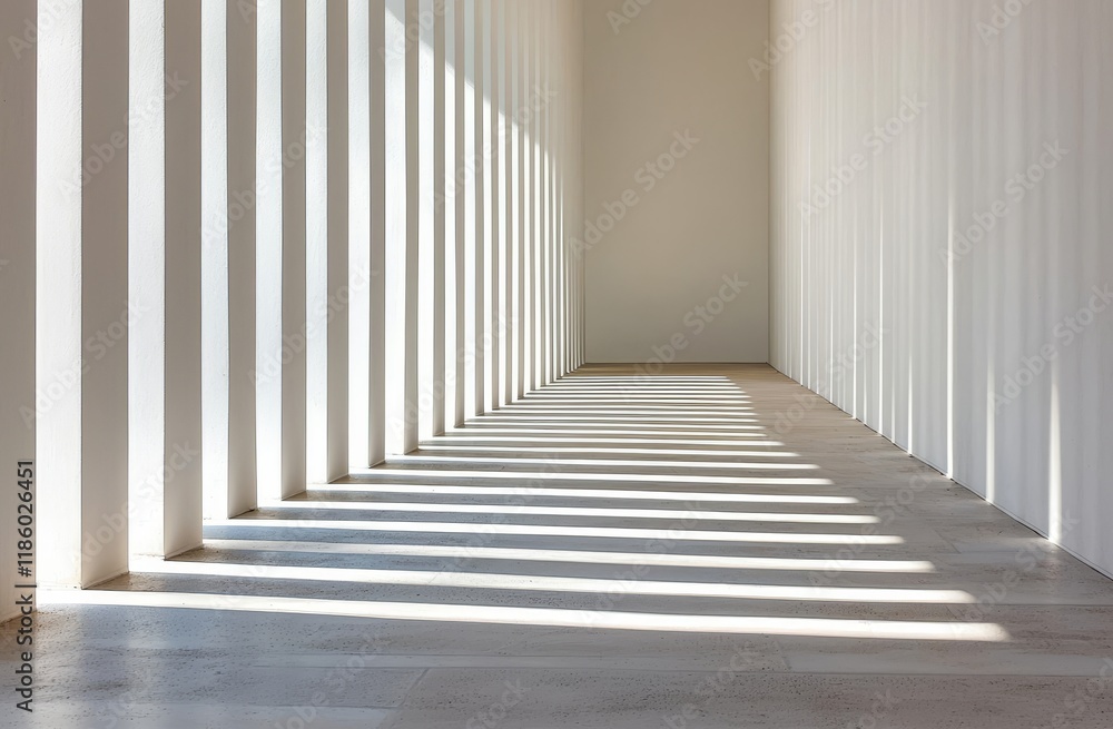 Fototapeta premium A minimalistic white and grey backdrop showcasing a high-contrast stripe pattern, interplay of light and shadow, set against a spacious environment evoking a street or urban scene