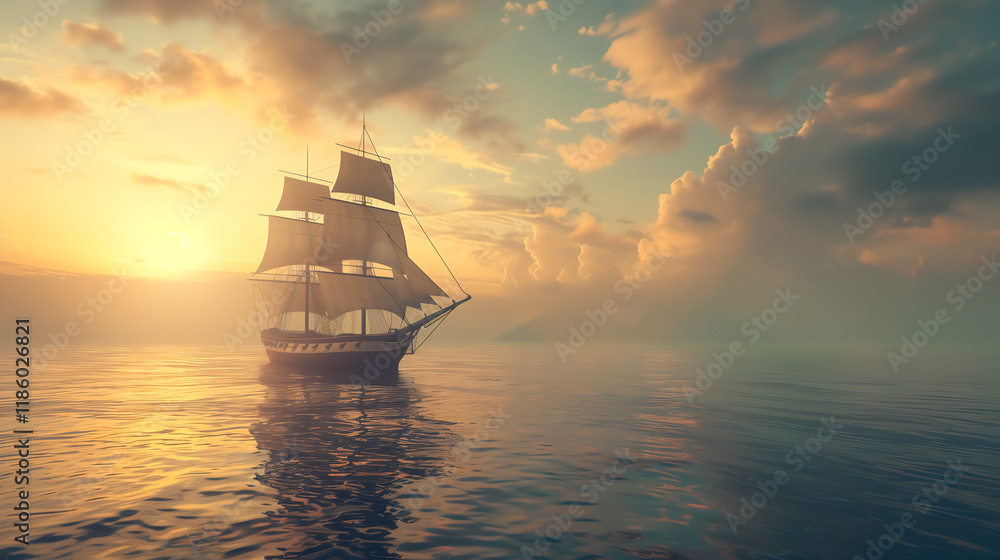 Fototapeta premium Stunning Sunset Over Calm Sea with Majestic Sailing Ship Photograph - Perfect for Travel and Adventure Themes