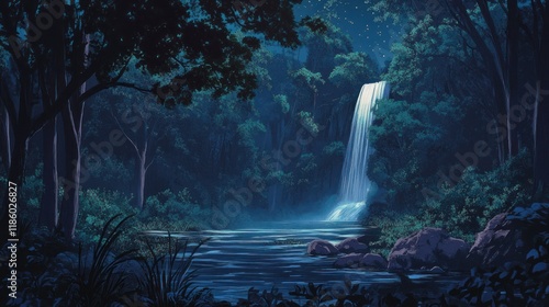 Serene night forest waterfall scene.