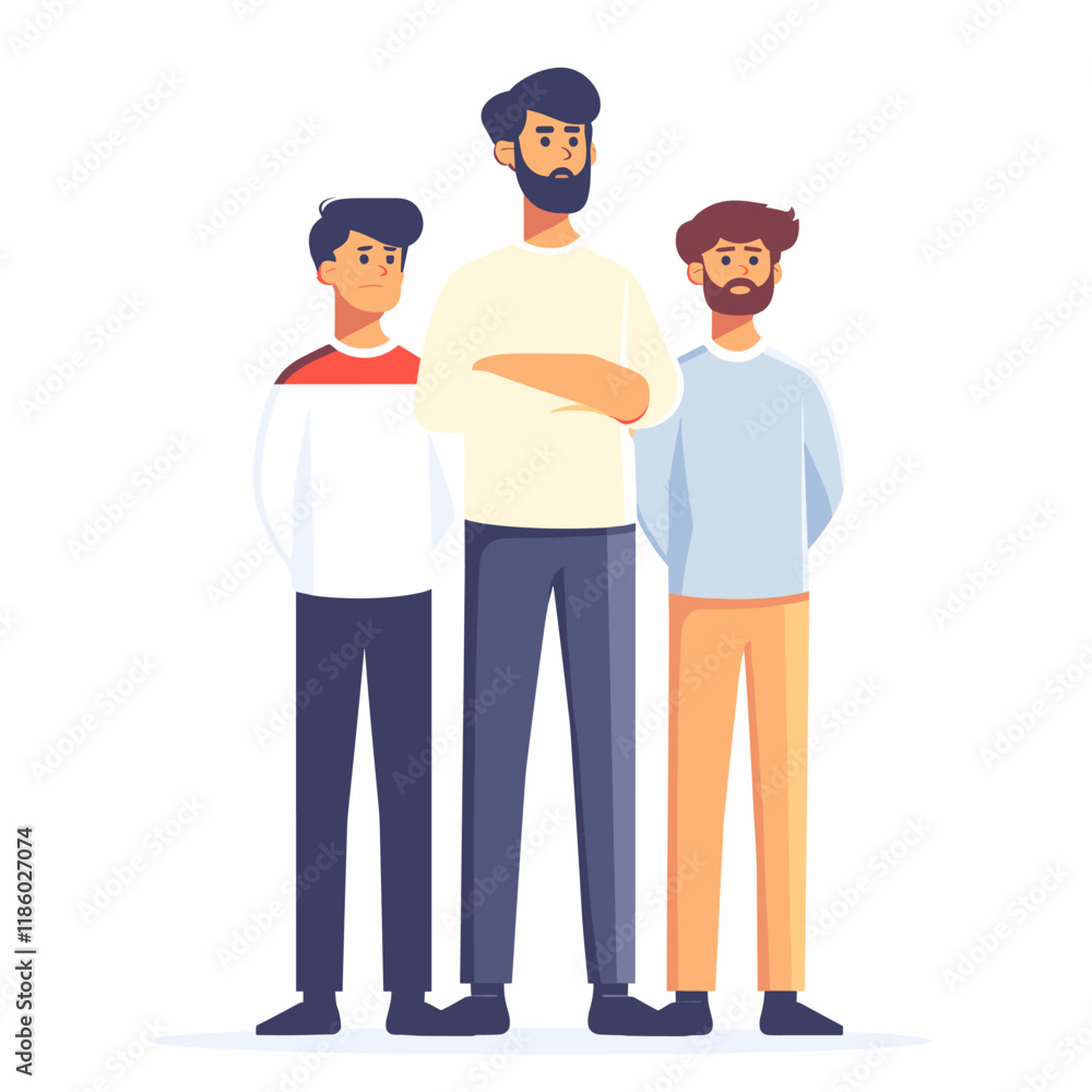Three men standing together. Teamwork concept. Vector illustration in flat style Three men standing together. Teamwork concept. Vector illustration in flat style