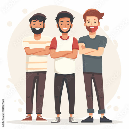 Hipster guys standing with crossed arms. Group of young men in casual clothes. Vector illustration