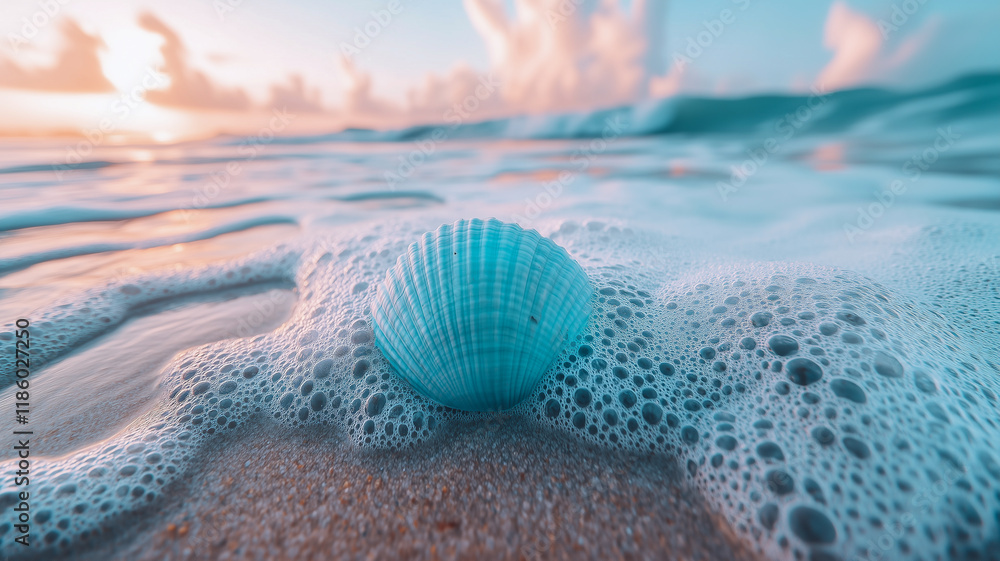 Obraz premium Seashell Sunrise: A delicate seashell rests in the foamy embrace of the ocean, bathed in the soft glow of sunrise. The tranquil scene evokes a sense of peace and serenity. 