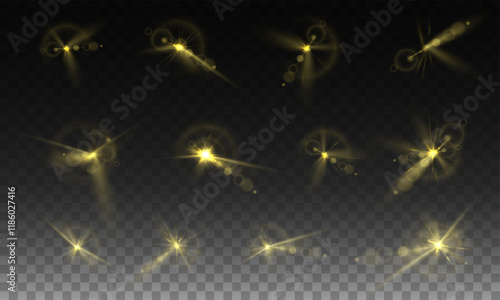 Light yellow star. Light sunny sparkle. White light flash gold. Vector illustrator. lighting effects Beam a spotlight and a star with bokeh and dust. Glowing abstract isolated lenses with light effect