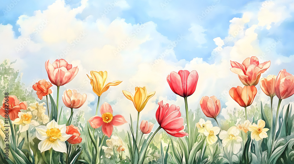 Fototapeta premium Vibrant Wildflowers Blooming in a Peaceful Meadow, Capturing the Colorful and Serene Beauty of Spring Under a Bright Blue Sky in an Impressionistic Landscape