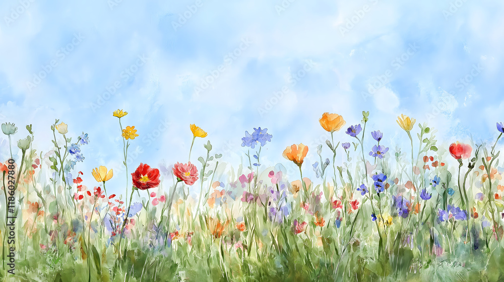 Obraz premium Vibrant Wildflowers Blooming in a Peaceful Meadow, Capturing the Colorful and Serene Beauty of Spring Under a Bright Blue Sky in an Impressionistic Landscape