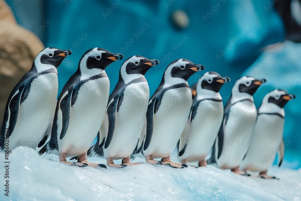 Obraz premium Humboldt penguins standing in line on ice floe