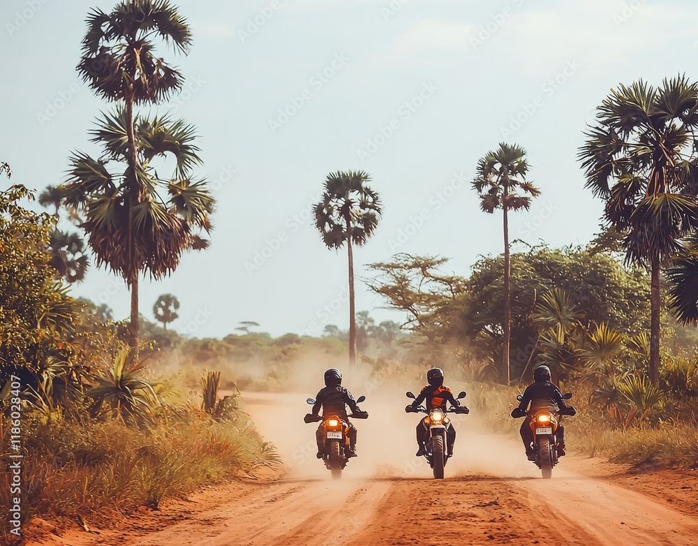 Fototapeta premium Several men are exploring a dirt road in Cambodia aboard their adventure motorbikes