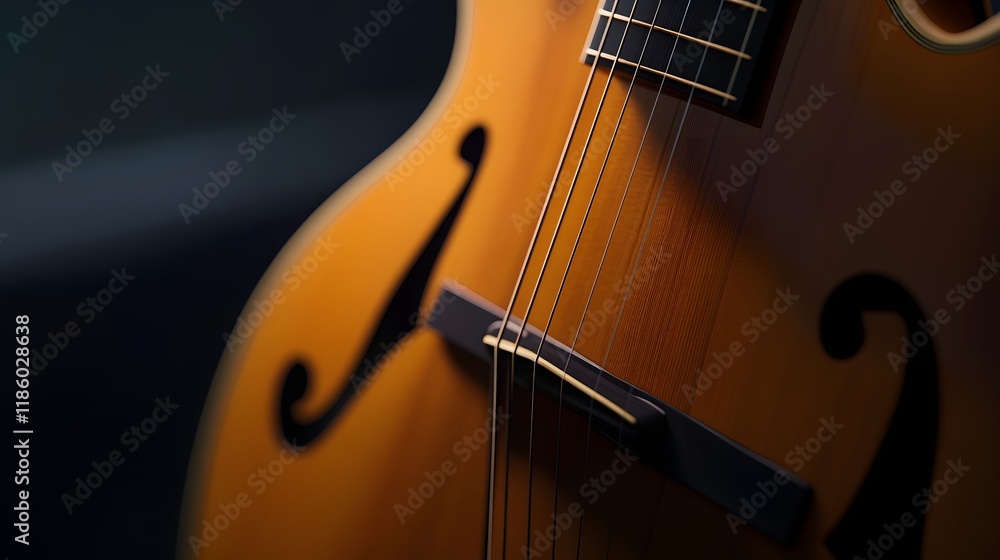 Obraz premium Archtop Guitar Close Up Detail Showing Strings Bridge and Body