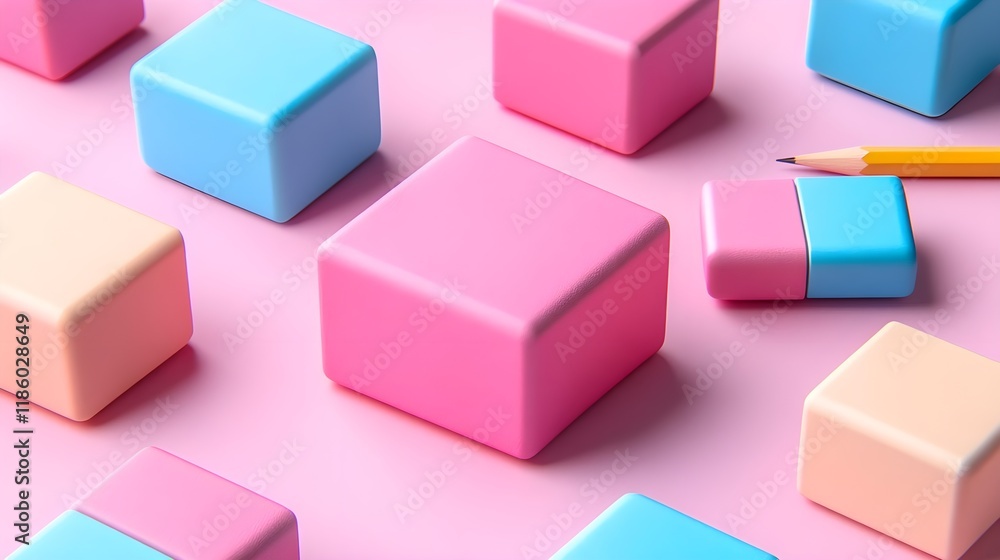 Colorful geometric blocks arranged on a pink background with a yellow pencil adding a playful touch to the composition Colorful geometric blocks arranged on a pink background with a yellow pencil adding a playful touch to the composition