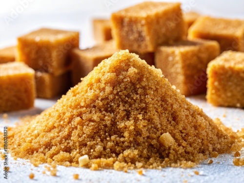 Close-up of unrefined panela sugar cane crystals, organic and natural, on a white background.