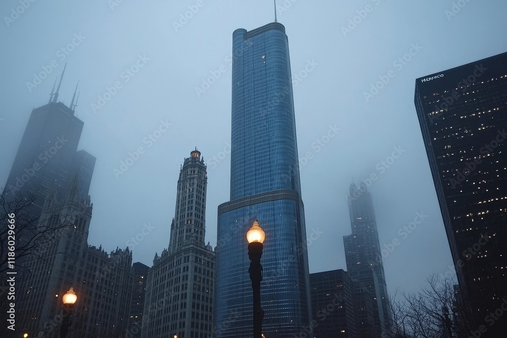 Fototapeta premium The Chicago Skyline viewed from Gold Coast as skyscrapers fade into the mist