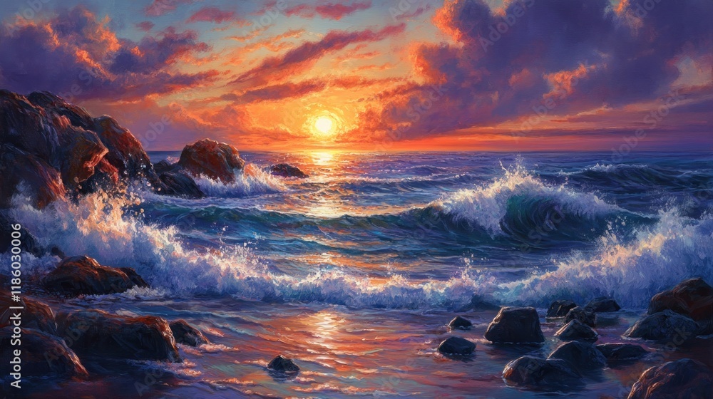 Vibrant sunset over ocean waves crashing on rocky shore. Vibrant sunset over ocean waves crashing on rocky shore.