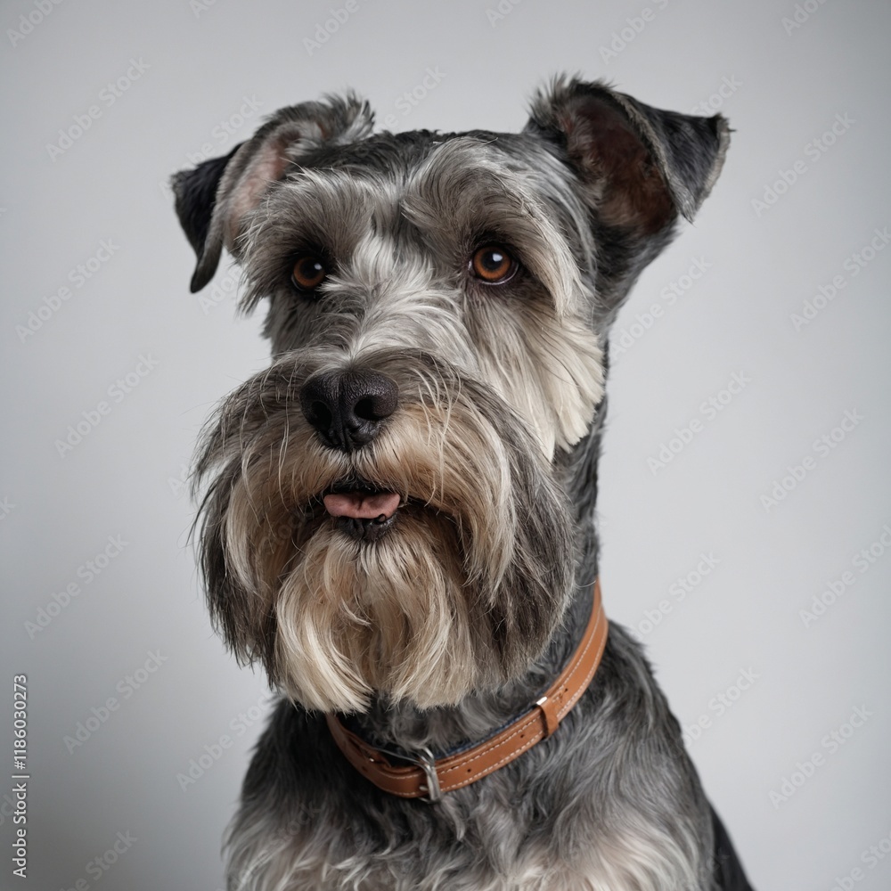A schnauzer with a groomed beard on a white backdrop. A schnauzer with a groomed beard on a white backdrop.