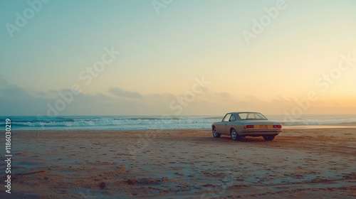 Vintage classic car parked on a serene beach at sunset, with waves and a tranquil horizon in the background. Perfect for travel, nostalgia, and seaside tranquility themes. photo