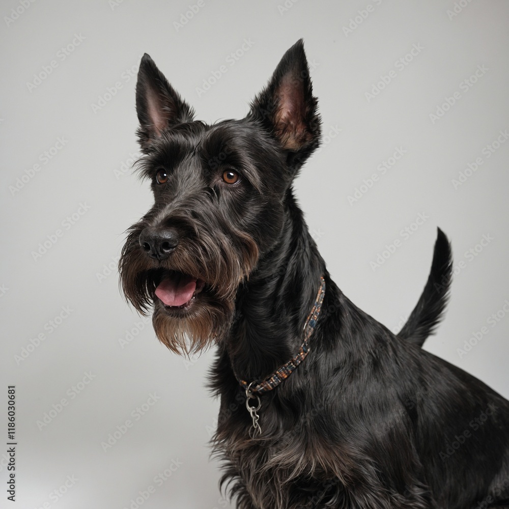 A Scottish terrier with a proud pose on a white backdrop. A Scottish terrier with a proud pose on a white backdrop.