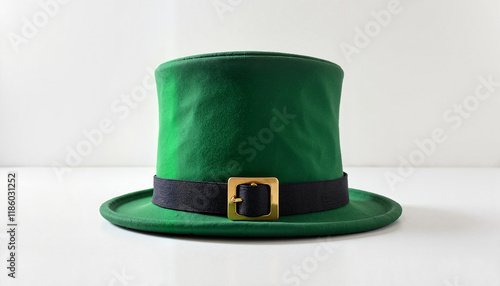 Traditional green leprechaun hat on a plain background for St. Patrick's Day celebration photo