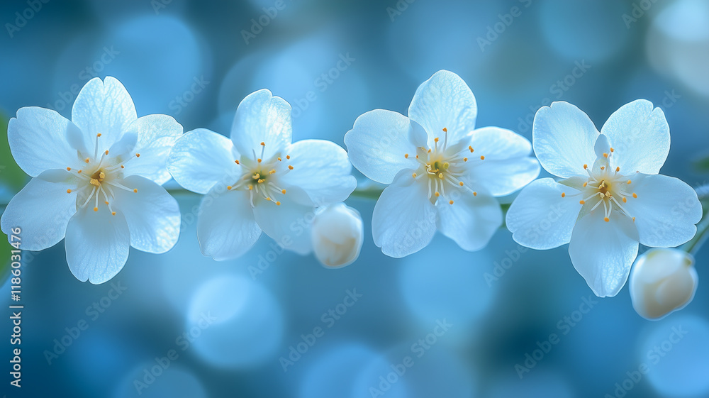 Delicate Spring Blossoms: A close-up of four pristine white blossoms, their petals unfurling in a gentle breeze. Delicate Spring Blossoms: A close-up of four pristine white blossoms, their petals unfurling in a gentle breeze.
