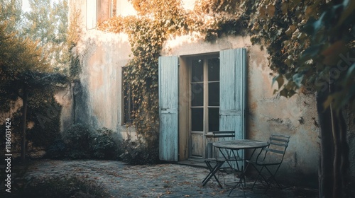 Rustic courtyard with weathered stone walls, ivy, and a small table and chairs.
