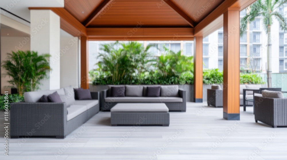 Naklejka premium Modern Outdoor Lounge Area with Stylish Furniture and Lush Greenery in a Relaxing Space