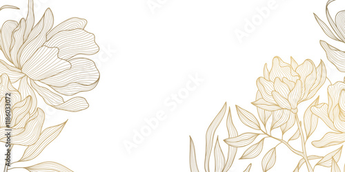 Vector line art golden peonies, japanese style luxury background, royal elegant flowers frame, background, wedding invitation, vintage elements