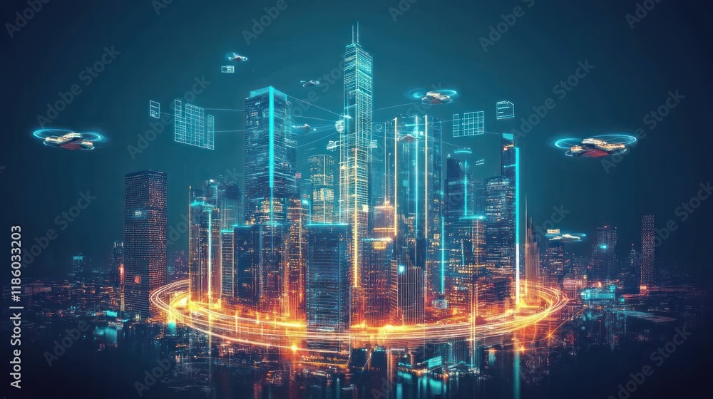 Fototapeta premium Futuristic smart city with drones and digital data.