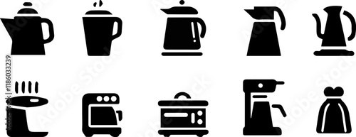 Beverage and Coffee Maker Icon Set in Black Silhouettes