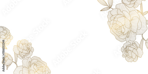 Vector line art golden peonies, japanese style luxury background, royal elegant flowers frame, background, wedding invitation, vintage elements