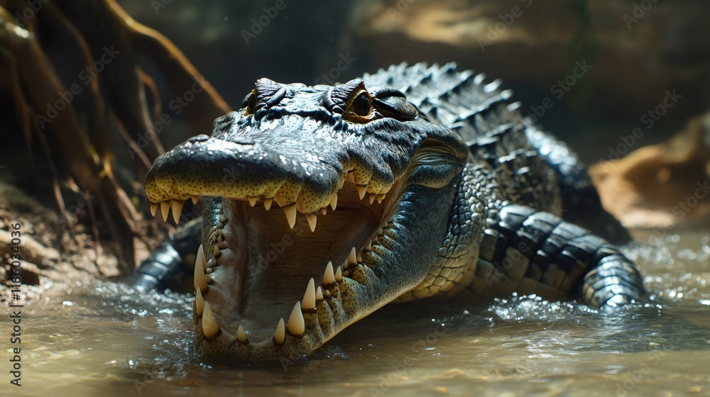 Obraz premium Large alligator resting in water with open mouth showing teeth