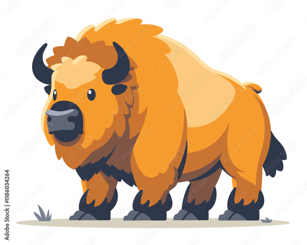 Obraz premium Cartoon buffalo with a big horn on its head. The buffalo is standing on a grassy field