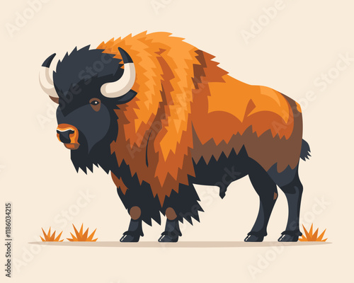 Large, orange and black buffalo stands in a field. The buffalo is the main focus of the image, and its size and color make it stand out. The field is empty