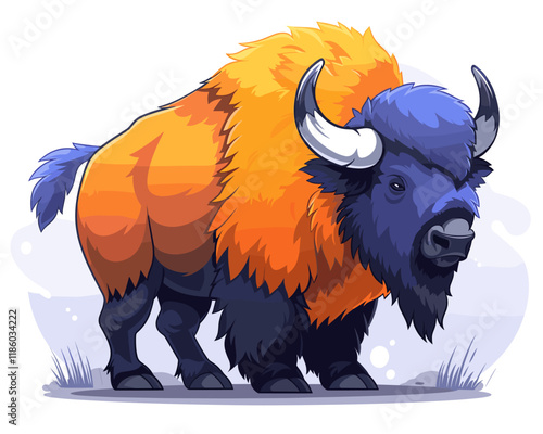 Cartoon buffalo with orange and blue fur stands in a field. The buffalo has a big, intimidating look on its face
