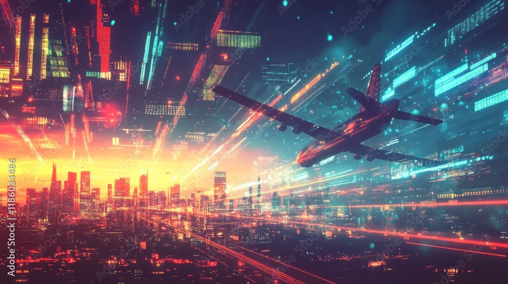 Obraz premium Airplane flying over futuristic city at sunset.