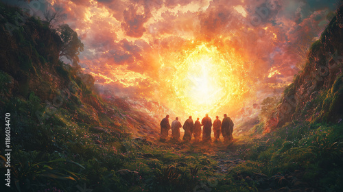 The resurrection as a surreal, dreamlike experience, with figures emerging from the ground, colors bursting forth, and a sense of wonder, renewal, and divine transformation in the spiritual realm.
