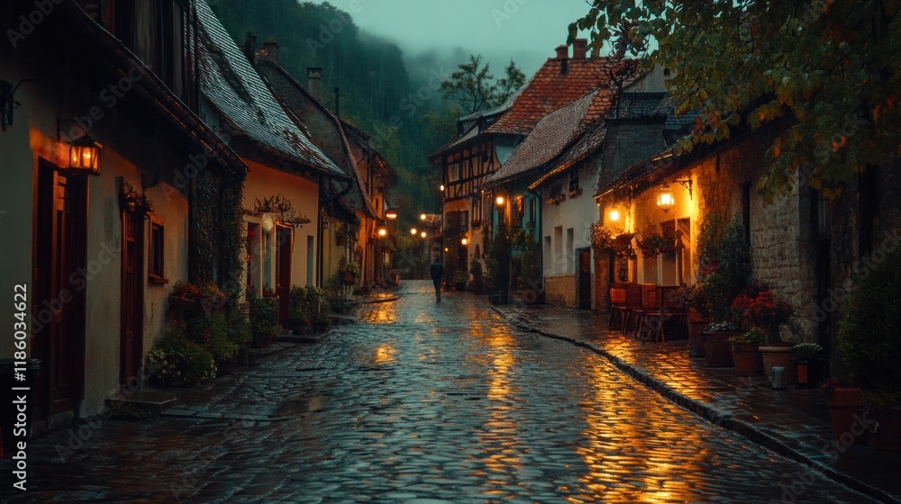 Romantic cobblestone street at night, rain reflecting on wet stones, charming old town. Romantic cobblestone street at night, rain reflecting on wet stones, charming old town.