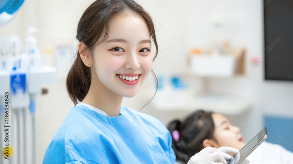 Fototapeta premium Korean nurse doctor woman in medical coat with tablet take care girl patient